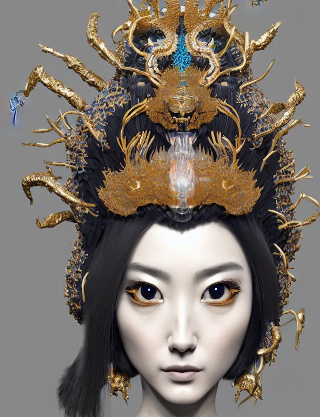 Image similar to 3 d goddess close - up profile portrait with crown, ram skull. beautiful intricately detailed japanese crow kitsune mask and clasical japanese kimono. betta fish, jellyfish phoenix, bio luminescent, plasma, ice, water, wind, creature, artwork by tooth wu and wlop and beeple and greg rutkowski