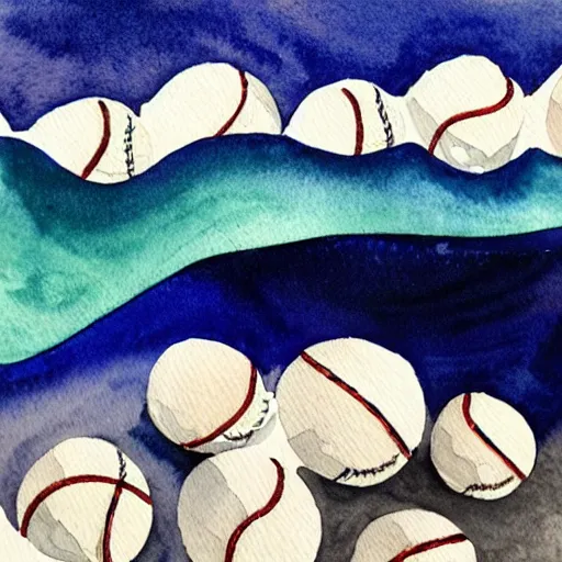 Image similar to beautiful ocean wave constructed of baseballs, watercolor