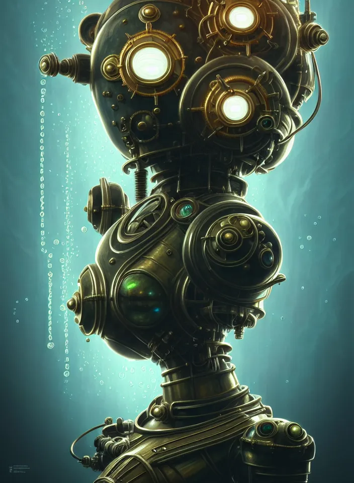 Prompt: symmetry!! portrait of a steampunk robot from bioshock, vintage, iridescent white metal!! underwater atmosphere, intricate, serene, highly detailed, digital painting, artstation, symmetric concept art, smooth, sharp focus, illustration, art by artgerm and greg rutkowski and alphonse mucha, 8 k