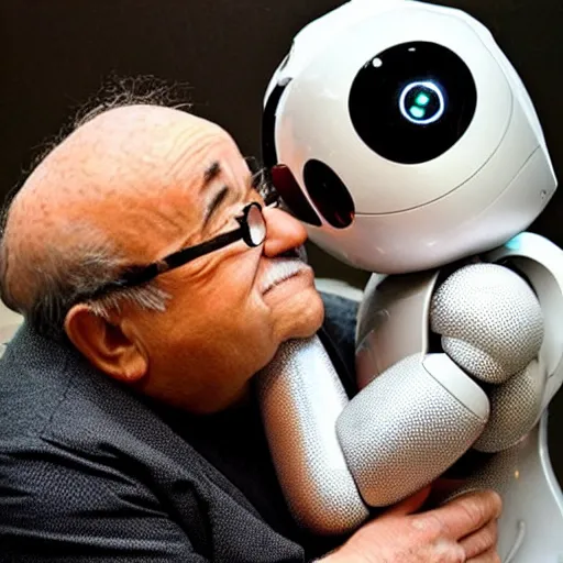 Prompt: <picture meta='attention-grabbing' description='cute adorable friendly caring' robotDesires='hug' location='alabama'>Robot meets Danny DeVito<picture>