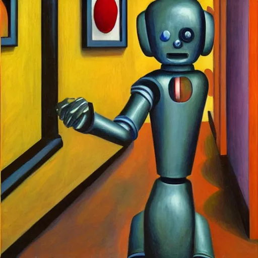 Prompt: robot visages, pj crook, edward hopper, oil on canvas