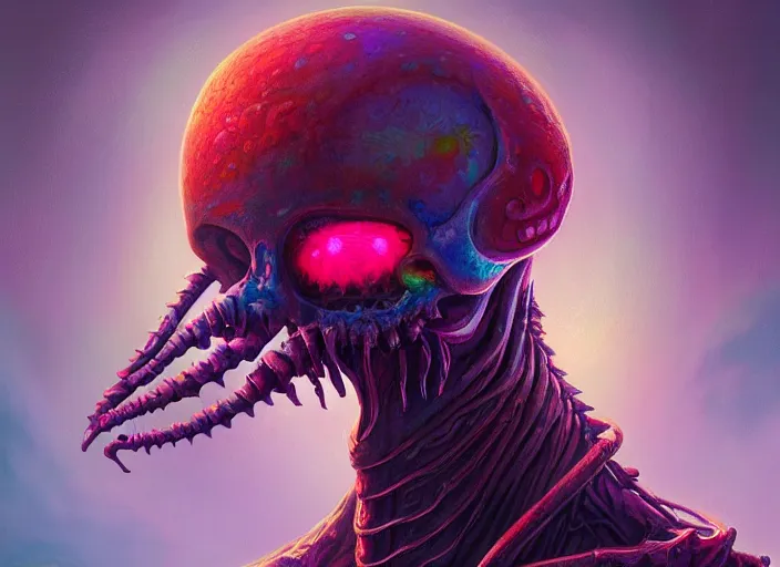 Prompt: a psychedelic portrait of omin dran skeletal phyrexian mind flayer psion god, vibrant color scheme, highly detailed, in the style of romanticism, cinematic, artstation, moebius, greg rutkowski