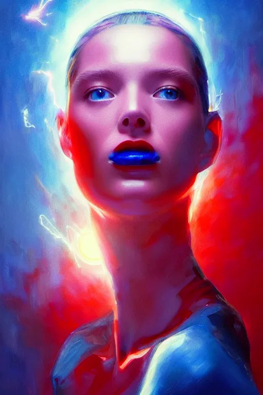 Image similar to 3 d, sci - fi, morning, happy fashion model face, sun, lightning clouds, vogue cover style, light red and deep blue mood, cinematic, realistic painting, intricate oil painting, high detail, figurative art, multiple exposure, poster art, 3 d, by stanley kubrick and tooth wu and wlop and beeple and greg rutkowski