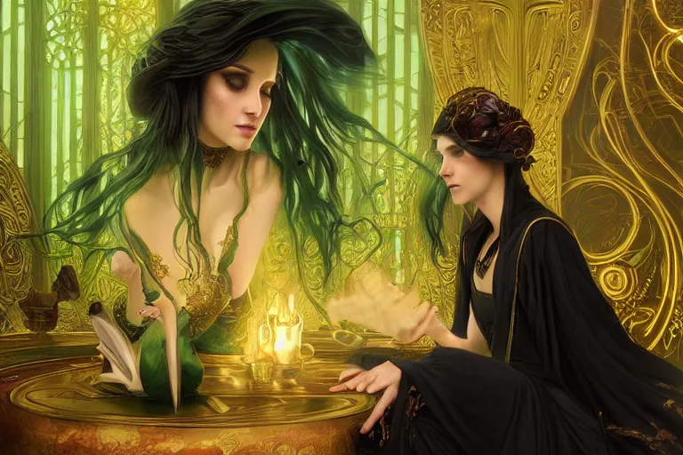 Image similar to a beautiful sorceress wearing a black robe with gold embroidery, sitting at table, casting a spell, green glows, painted by artgerm and tom bagshaw and alphonse mucha, in the style of magic the gathering, highly detailed digital art