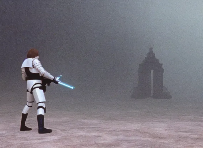 Image similar to epic still of Luke Skywalker using lightsaber in foggy environment, approaching an ancient temple in the distance, iconic scene from the 1980s film directed by Stanley Kubrick, cinematic lighting, kodak film stock, strange, hyper real, stunning moody cinematography, with anamorphic lenses, crisp, detailed portrait, 4k image