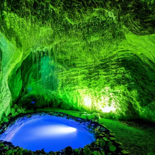 Image similar to glowing cave, hidden by a curtain of vines, covered by lush green vines, rocks, small pool of water, trickling water, stone, hidden, forest, night, glow, magical, magic, fantasy, professional, high quality, highly detailed, award-winning, awe-inspiring, spectacular, HD, 4K, 8K