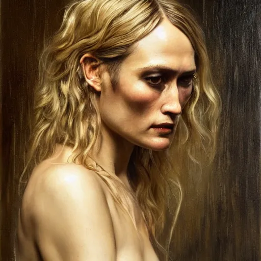 Image similar to highly detailed oil painting | very intricate | cinematic lighting | award - winning | portrait of ruta gedmintas with eyepatch | by roberto ferri, by tom bagshaw, by j. c. leyendecker and klimt, american romanticism, by austin osman spare, artstation, cgsociety, official art, octane