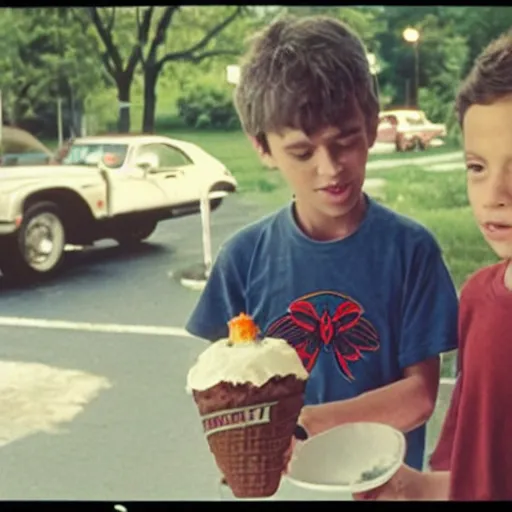 Image similar to mothman and moth boy getting ice cream, movie still