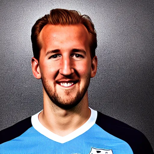 Prompt: a photograph of Harry Kane wearing a Manchester City jersey, black background, studio lighting