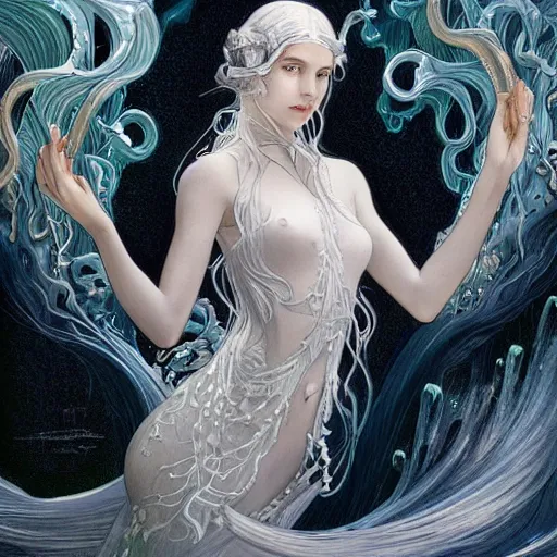 Prompt: a photograpic portrait of a anthropomorphic bioluminescent water wave wearing white clothes, fantasy, intricate, elegant, highly detailed, digital painting, artstation, concept art, smooth, sharp focus, illustration, art by artgerm and H R Giger and alphonse mucha