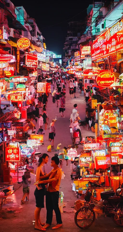 Image similar to New Saigon on Red Mars entertainment district street scene with lovers vendors and neon signed buildings. People are taking their fun seriously by Tsuchiya Koitsu