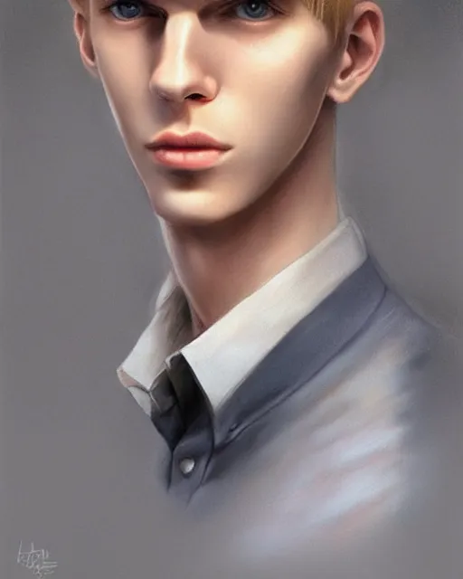 Image similar to portrait of 1 5 - year - old boy, a tall, slender boy with a pale, pointed face, sleek blond hair, and ice grey eyes, wearing in shirt, hyper realistic face, beautiful eyes, character art, art by mark brooks, art by artgerm and greg rutkowski trending on artstation, digital art