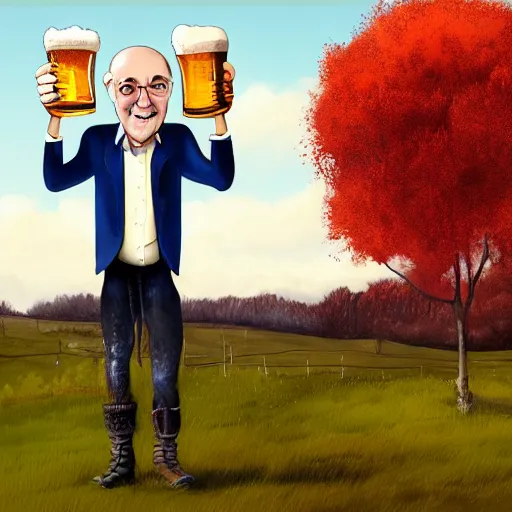 Prompt: a Scottish man holding a pint of beer in the middle of an empty field, In the back ground of the frame is a beautiful landscape., physically accurate, dynamic lighting, intricate, elegant, highly detailed, digital painting in the style of very very artist illustrator ralph steadman, sharp focus, illustration