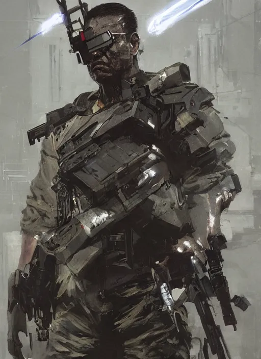 Image similar to Rodrigo Duterte wearing metal gear armor holding a shotgun dramatic lighting art by Yoji Shinkawa by Richard Schmid by greg rutkowski by Sandra Chevrier by Jeremy Lipking cinematic dramatic