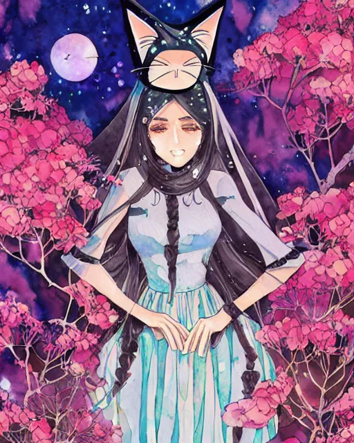 Image similar to middle eastern woman with cat ears, wearing a lovely dress in a scifi garden. this watercolor painting by the award - winning mangaka has impeccable lighting, an interesting color scheme and intricate details.