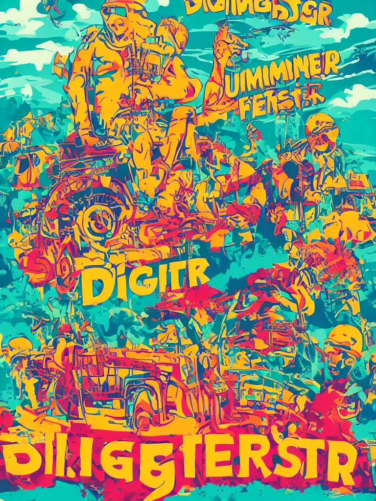 Image similar to poster for a summer festival called diggerfest in the united kingdom, rdigger land, really good vibes, colorful, construction, friends