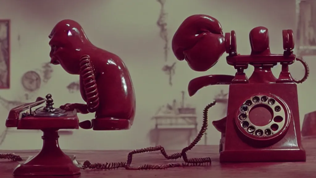 Image similar to the strange creature talks on the rotary phone, made of blood, film still from the movie directed by Denis Villeneuve with art direction by Salvador Dalí, wide lens