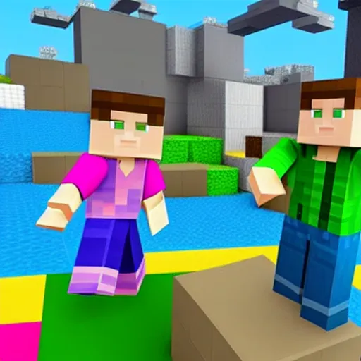 Image similar to block figures looking like roblox figures or minecraft players, playing with a computer in a block world, having fun in the sun, bright and fun colors