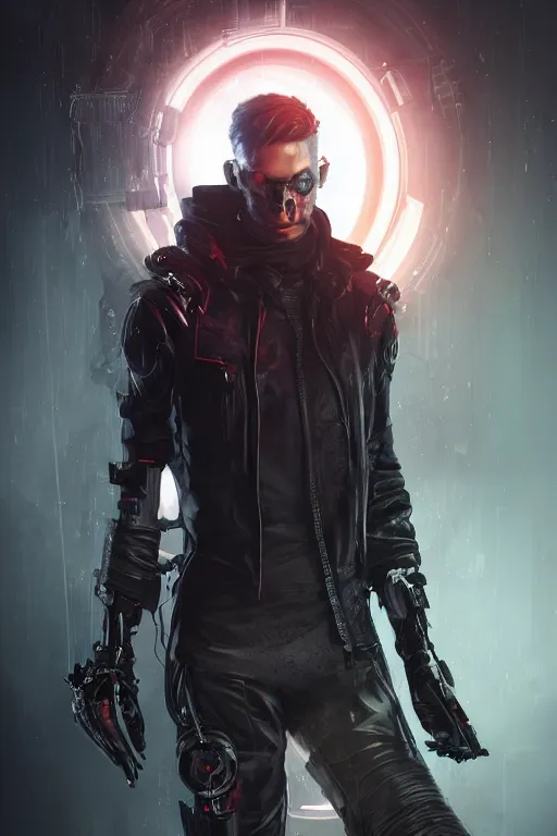 Image similar to A cyberpunk hunter villain who wears a black hooded leather jacket, stern face, prosthetic arm, and flowing ribbons of light pouring into him, cinematic lighting, hyper-detailed, cgsociety, 8k, high resolution, in the style of Charlie Bowater, Tom Bagshaw, Alexis Franklin, Elena Masci, Pawel Rebisz