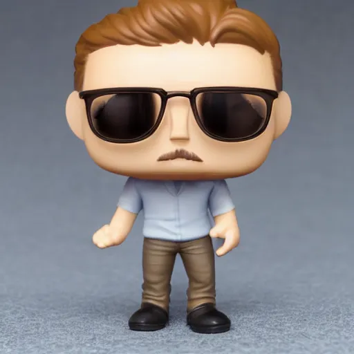Prompt: a funko pop of german young man with brownish hair, short goatee and round light grey glasses in its box, the box says ultrablurrart