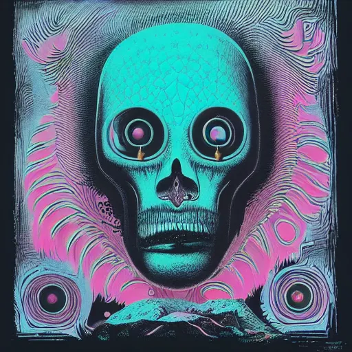 Image similar to pastel screen print on thick paper of album artwork for the band TOOL designed by Ash Thorp and Nychos.