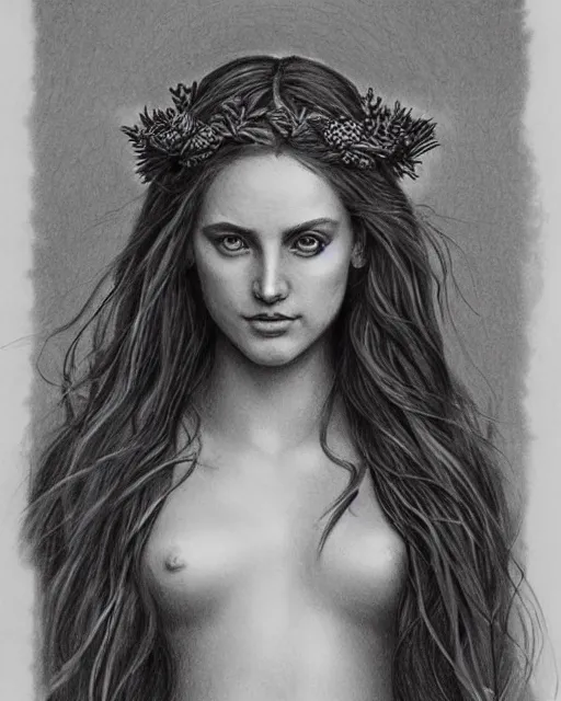 Prompt: pencil drawing of a beautiful greek goddess aphrodite wearing a laurel wreath and arrowhead earrings, beautiful confident eyes, beautiful flowing hair, glowing god eyes, hyper realistic face, in the style of greg rutkowski, fantasy, amazing detail, epic, elegant, smooth, sharp focus, from the front