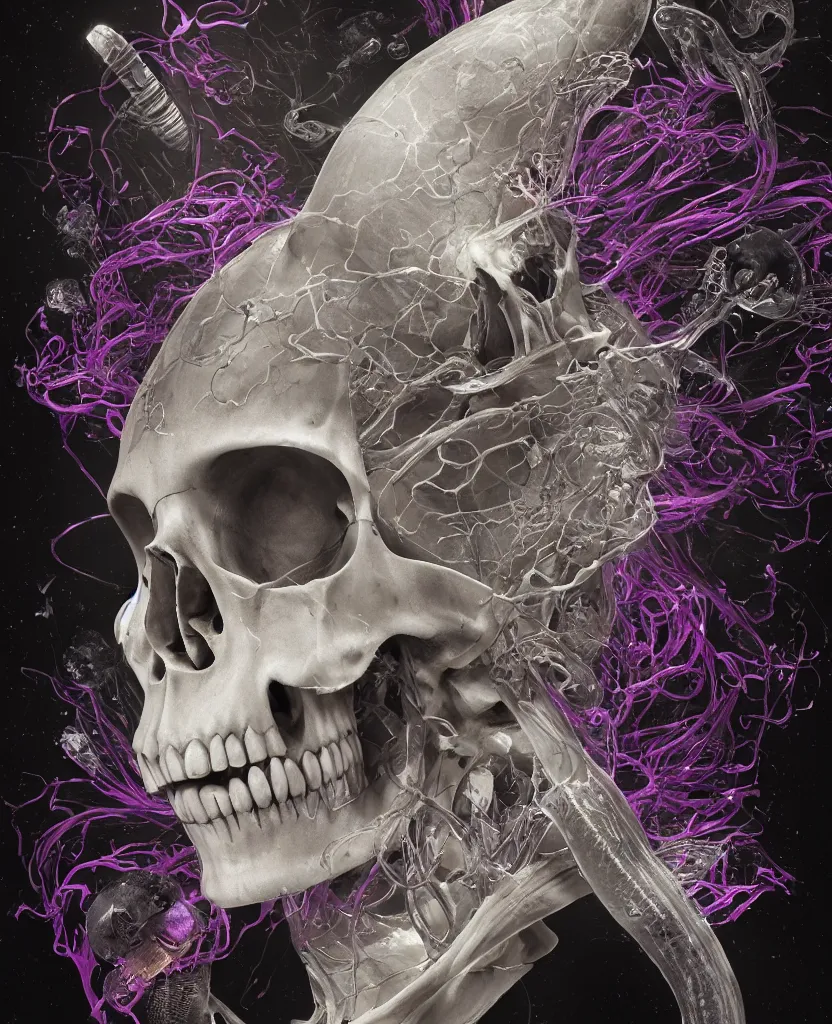 Image similar to close-up portrait goddess skull, thorax, x-ray, backbone, jellyfish phoenix head, nautilus, orchid, skull, betta fish, bioluminiscent creatures, dark deep background, intricate artwork by Tooth Wu and wlop and beeple. octane render, trending on artstation, greg rutkowski very coherent symmetrical artwork. cinematic, black and white, contrast, hyper realism, high detail, octane render, 8k