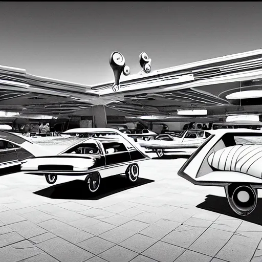 Image similar to mall on the moon, car parked, retrofuturism, futuristic style
