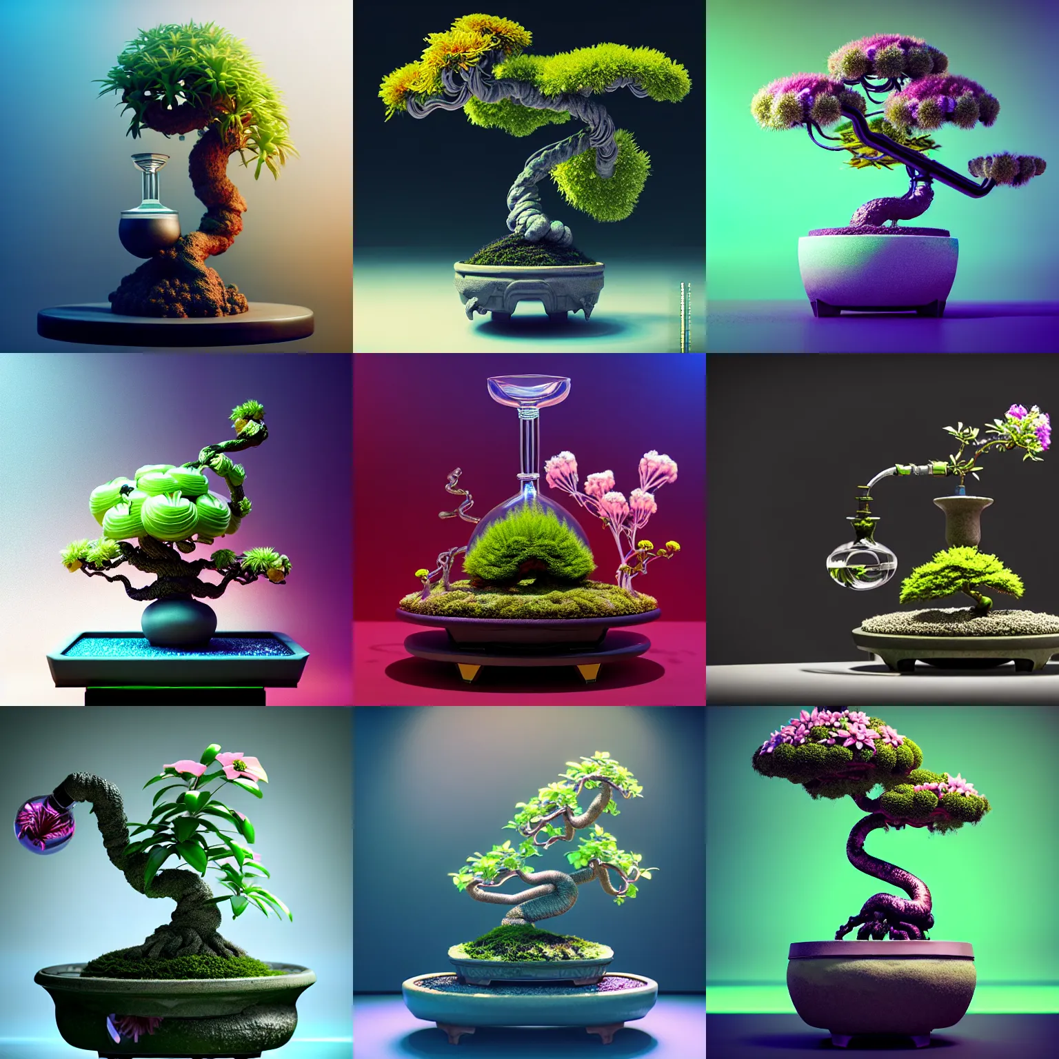 Prompt: decadent biotech floral bonsai bong | elaborate fun future, cyberpunk, galactic, weta disney movie still photo, hi - fructose, sci fi fantasy, divine proportion, octane render, sharp focus, artstation, concept art | feng zhu, rutkowski, beeple