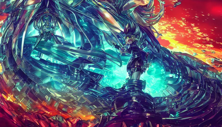 Image similar to female anime character The Android Kannon Mindar Leviathan awakening from Japan in a Radially Symmetric Alien Megastructure turbulent bismuth glitchart Atmospheric Cinematic Environmental Architectural Desi