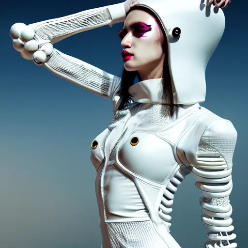 Prompt: fashionable cyberpunk female portrait. wearing white hyperdetailed futuristic seamless leggingss. golden surreal helmet made of bones. solarpunk. sigma art 1 0 5 mm f 2. 8. hyper realistic vfx simulation. fashion ad