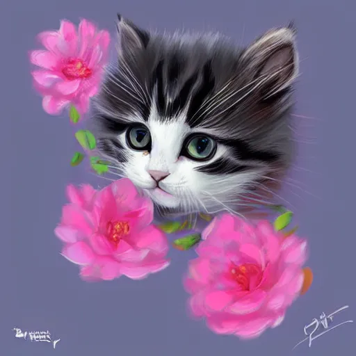 Image similar to cute kitten with pink flowers, digital art, concept art, gemmy woud binnendijk, nixeu, artgerm