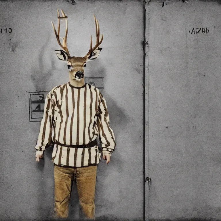 Image similar to deer headed man wearing striped prison clothing, colorized old jail mugshot