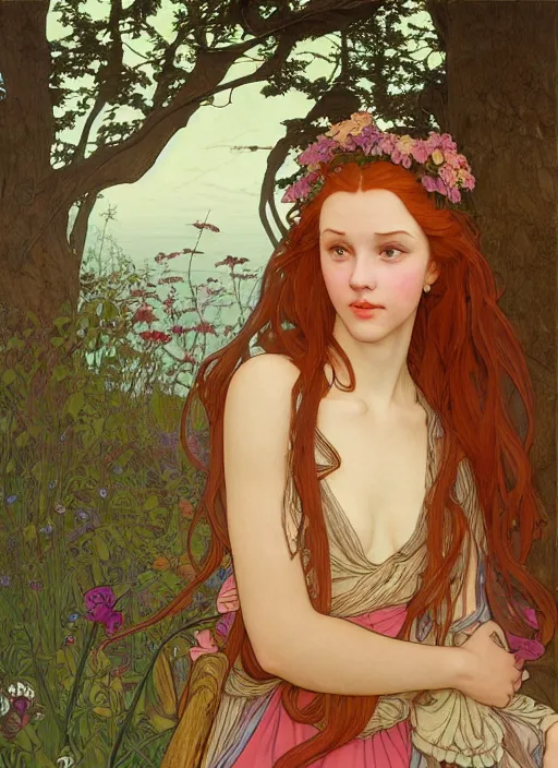 Image similar to young woman resembling alicia vikander with long red hair, wearing a dress, building a castle on the wooden floor in an old wooden house, path traced, highly detailed, high quality, digital painting, by studio ghibli and alphonse mucha, leesha hannigan, hidari, art nouveau, chiho aoshima, jules bastien - lepage