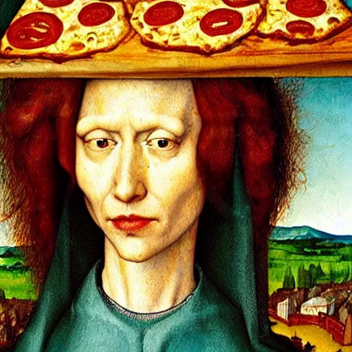 Image similar to skinny lady with red hair covered by pizzas in Hell, painted in style of Hans Memling