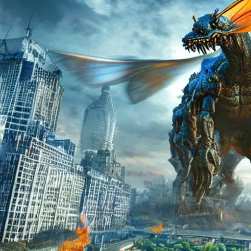 Prompt: giant insect kaiju with wings destroying a city, photo realistic, hyper realistic, extremely detailed