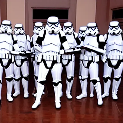 Prompt: a group of stormtroopers performing a classical music concert using violins and cellos