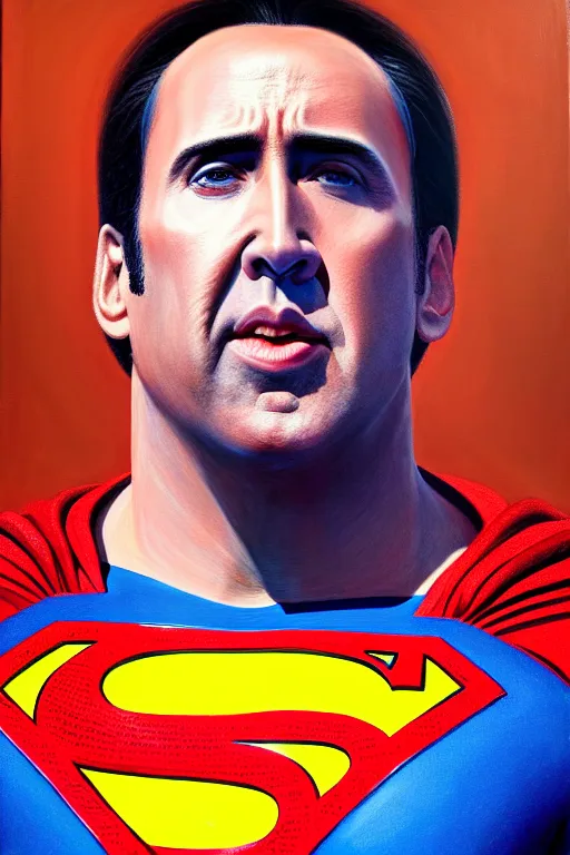 Image similar to portrait of nicolas cage as superman looking away from the camera, intricate, hyperrealistic, extremely detailed oil painting by simon stalenhag and greg rutkowski, artstation