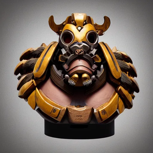 Image similar to high intricate bust of overwatch roadhog carved from wood in baroque style, studio light, maria panfilova, andrea savchenko, mike kime, ludovic plouffe, qi sheng luo, oliver cook, trending on artstation