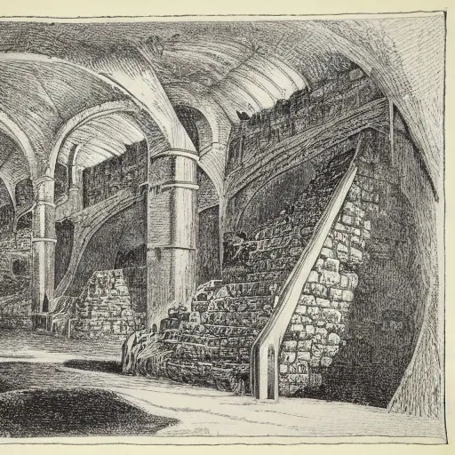 Image similar to an etching illustration of a strange underground endless stone chamber with staircases, arches, and portcullises fading into the distance, by Piranesi and M.C. Escher