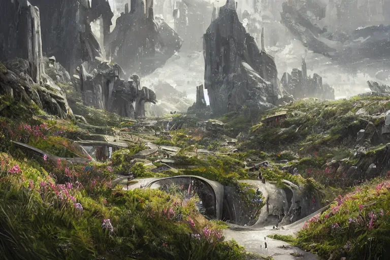 Prompt: Brutalist Shiro, gleaming white fortress, amazing cinematic concept painting, by Jessica Rossier, in the valley of garden of eden wildflowers and grasses, terraced orchards and ponds, lush fertile fecund, fruit trees, birds in flight, animals wildlife