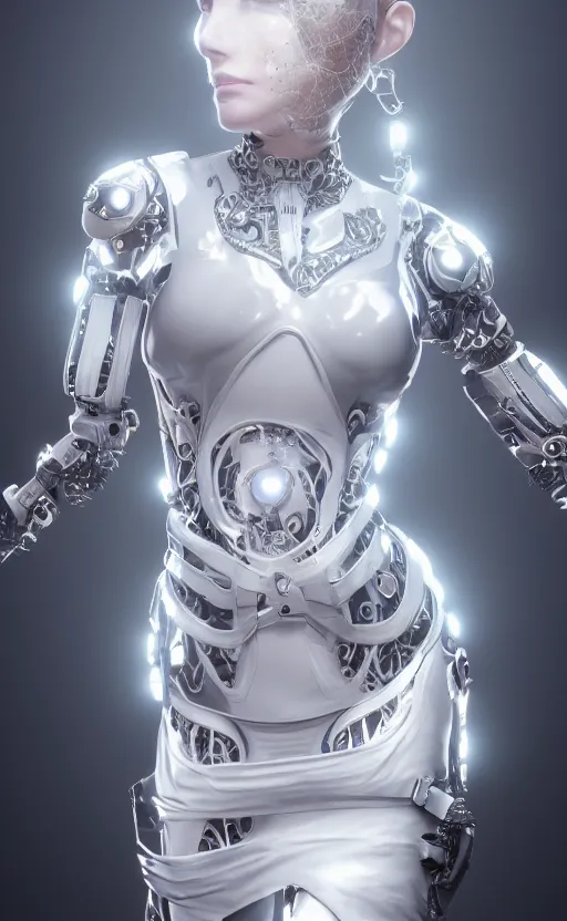 Prompt: white cyborg fashion shot, cyber copper spiral decorations, white elegant baroque design, headshot half figure, photorealistic, 8k, hyper detailed, unreal engine, trending on artstation,