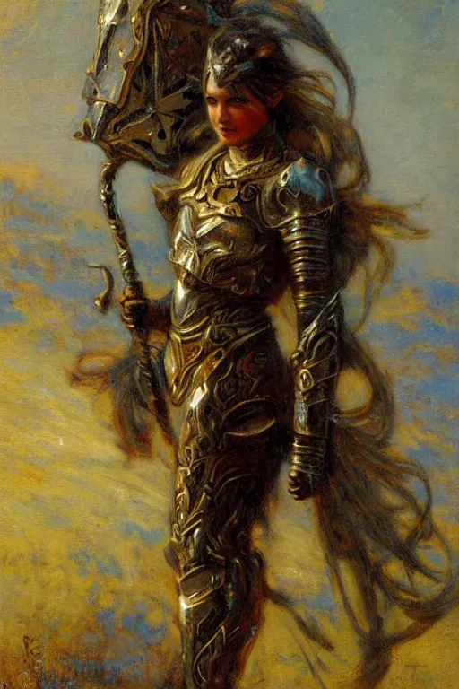 Prompt: full body girl metal armor painting by gaston bussiere