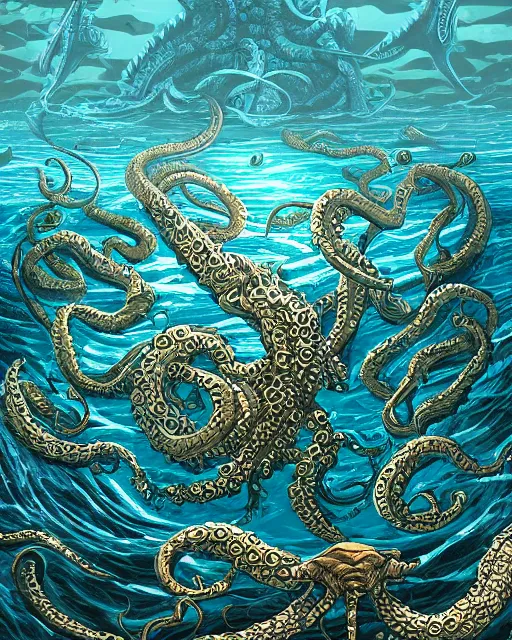 Image similar to An invisible Kraken in the middle of the sea, fantasy art, in the style of Dan Mumford, illustration, epic, fantasy, intricate, hyper detailed, artstation, concept art, smooth, sharp focus, ray tracing