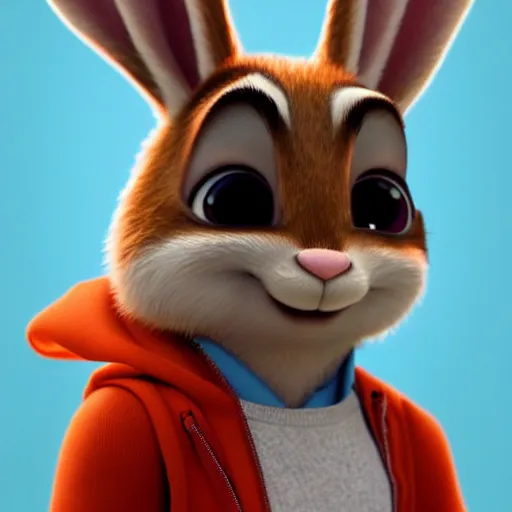 Image similar to portrait of a super cute bunny, a carrot, pixar, zootopia, cgi, blade runner. trending on artstation, smiling, friendly