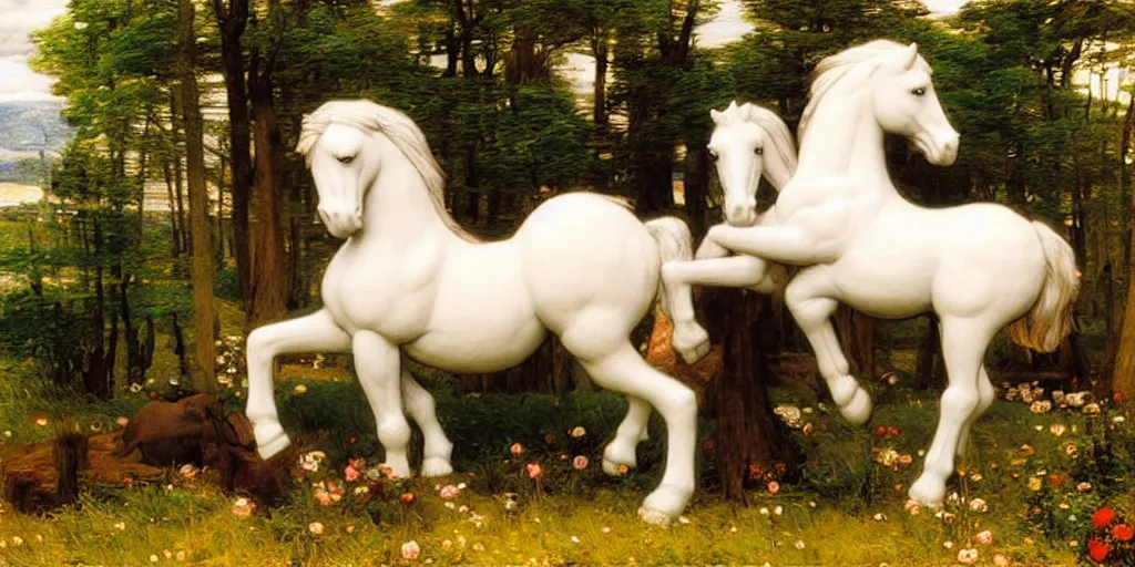 Image similar to 3 d precious moments plush horse, realistic fur, master painter and art style of john william waterhouse and caspar david friedrich and philipp otto runge