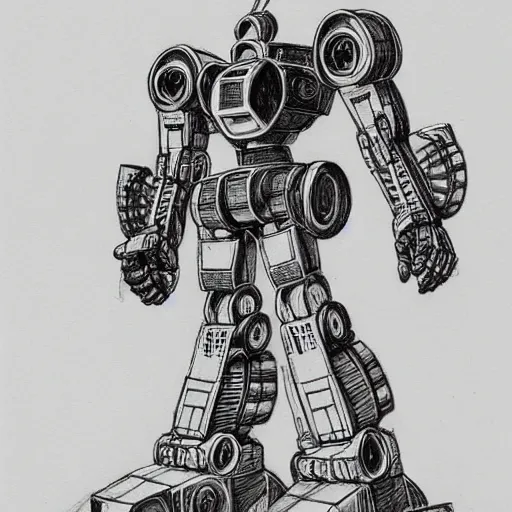 Image similar to an intricate pencil drawing of a giant anime robot with rounded and circular parts