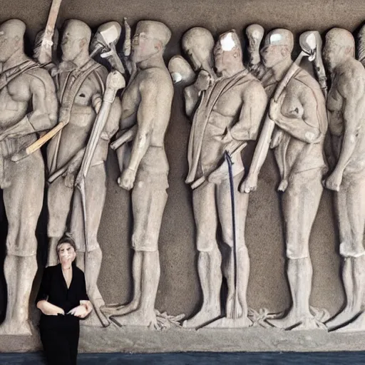 Prompt: bas relief of jeff bezos surrounded by ancient tall female warriors with spears, photorealistic, detailed