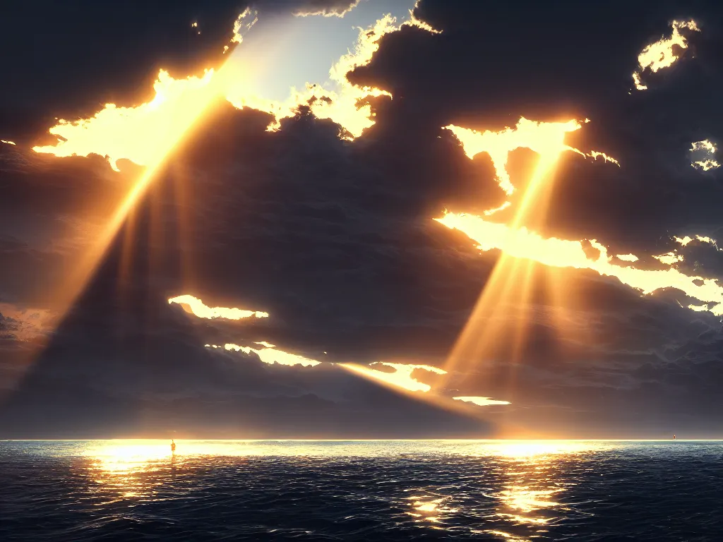 Prompt: god rays reflecting in the sea, dramatic lighting, cinematic, establishing shot, high detail, cinematic lighting, post processed, 8k, concept art, artstation, matte painting, in the style of eddie mendoza, raphael lacoste, alex ross