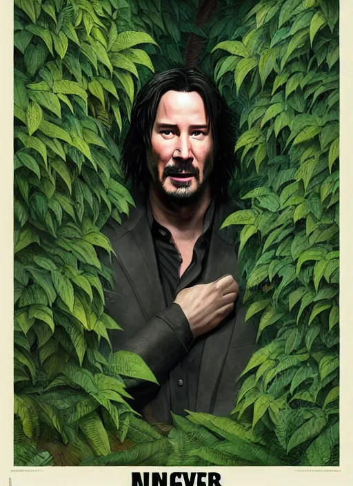 Prompt: highly detailed comedy caper movie poster with silly wacky zany keanu reeves hiding in leaves, keanu reeves face inside a leafy bush by greg rutkowski